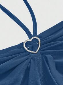 ROMWE Kawaii Women's Solid Color Halter Neck Spaghetti Strap Ruffle Hem Heart Decor Camisole - Blue - View 3