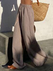 Livesso 女士条纹印花打结休闲宽松裤，适合度假穿着 - 卡其色 - 查看 6