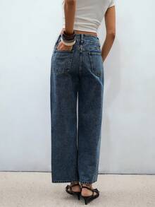 ATUI Studio 女士时尚休闲高腰口袋直筒牛仔裤 - 藍色 - 查看 6