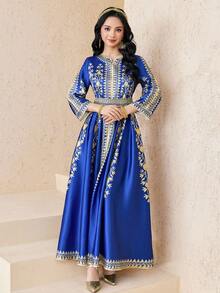SHEIN Teen Girls' Royal Blue V-Neck Puff Sleeve A-Line Dress,Graphic Pattern Arabic Abaya Gown For Wedding,Autumn Elegant Modest Long Dresses For Girls - Royal Blue - View 6