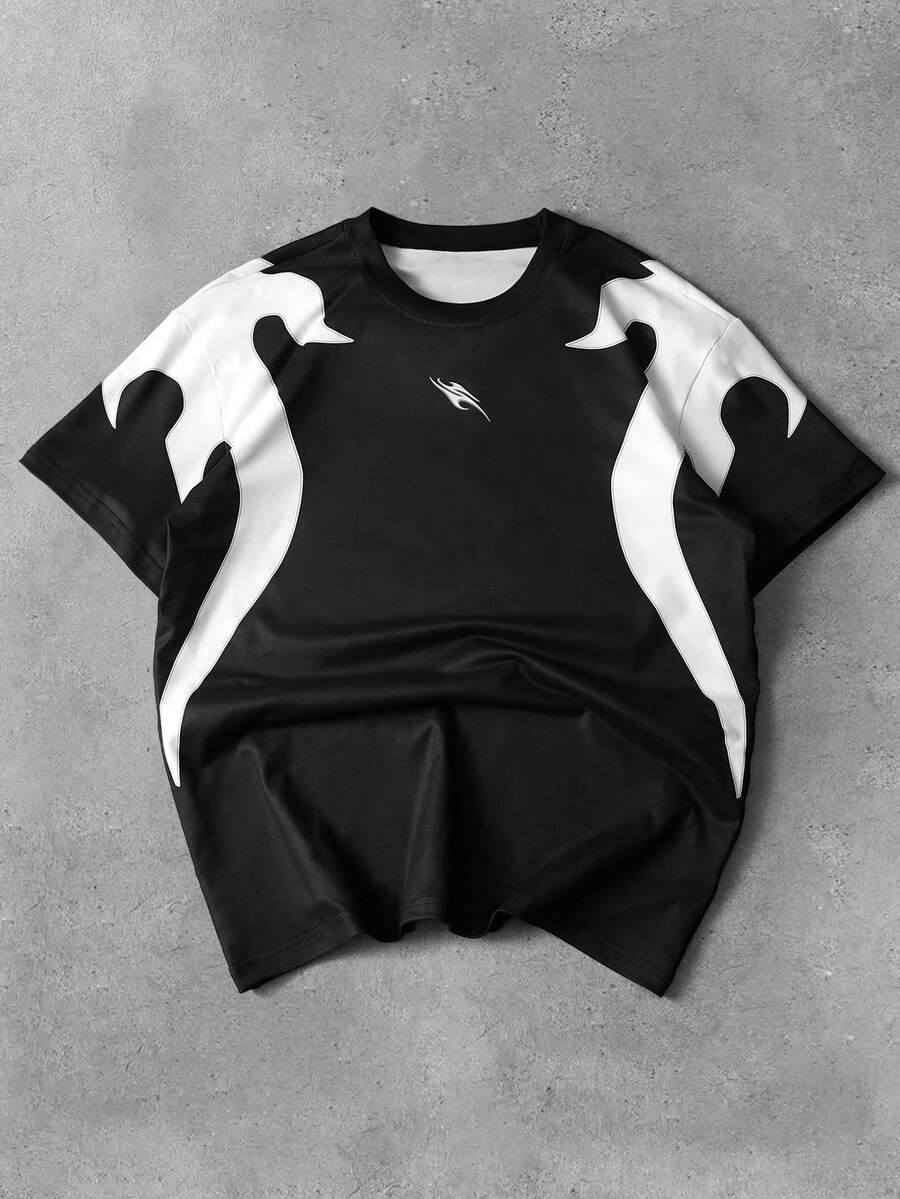 Manfinity Roghcode Men's Casual Colorblock Short Sleeve T-Shirt, Summer - Black and White - View 1