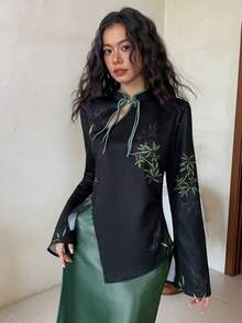 EastFlair Women's Elegant Long Sleeve Bamboo Print Cheongsam Collar Blouse Women Blouses Elegant Green Satin Dress - Black - View 2
