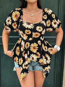 Ceyna Plus Size Elegant Sunflower Print Shirt, Spring/Summer - Black - View 5