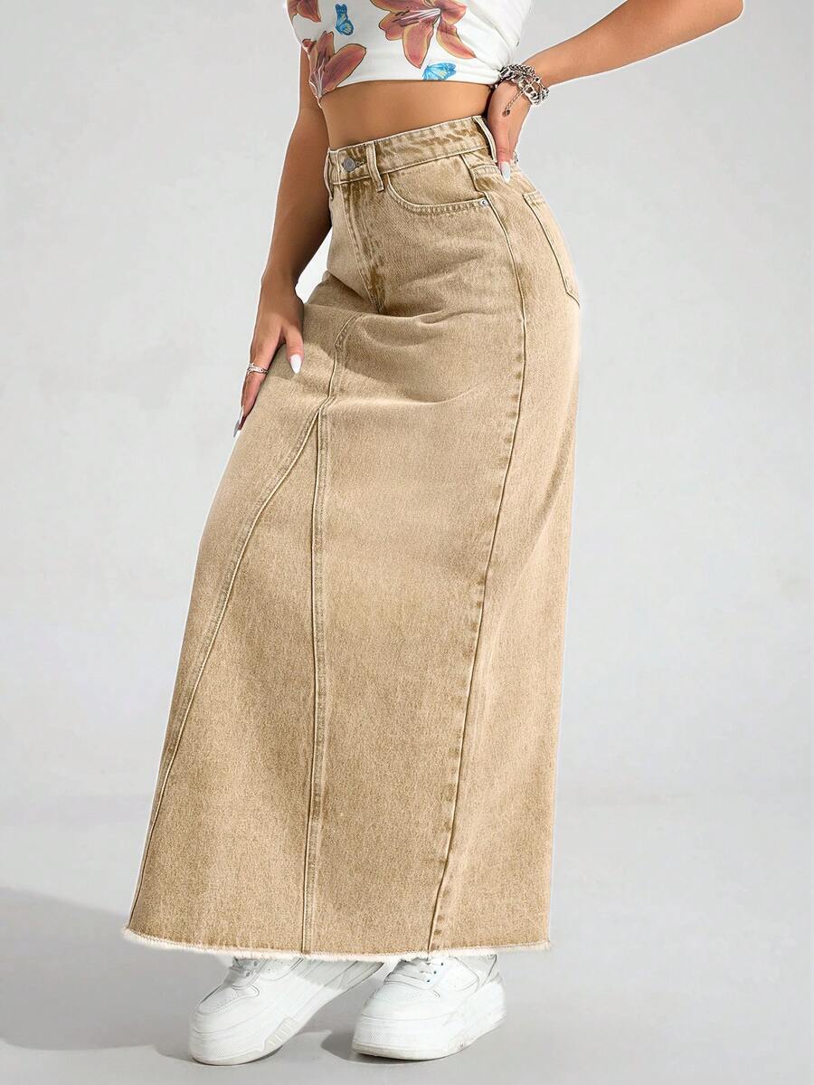 SHEIN ICON Plus Size Women's Solid Color Washed Denim Mini Skirt, Autumn/Winter - Light Yellow - View 1