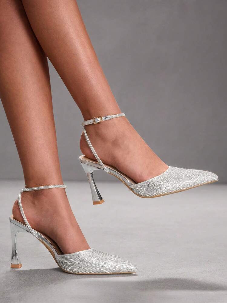 CUCCOO SZL Women's Silver Fashionable Elegant Pointed Toe High Heel Pumps, Rhinestone Decor Pyramid Heel Sexy High Heels, Alluring Ankle Strap Stiletto Pumps, Suitable For Office, Outdoor, Wedding, Banquet, Party, Spring, Easter Spring Shoes