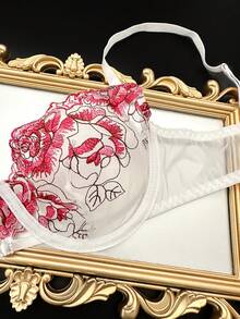 Romantic Embroidered Sexy Lingerie Bra For Women, Sweet & Cute, Underwire Push-Up - Red and White - View 5