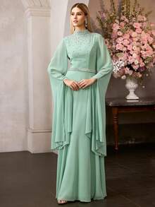 MOTF PREMIUM 女士高领及地晚礼服，饰有水钻，雪纺超长袖修身连衣裙，完美适用于正式场合 - 綠色 - 查看 5