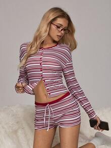 HautHeat 女士圆领落肩长袖纽扣条纹休闲睡衣套装 - 酒紅色 - 查看 1