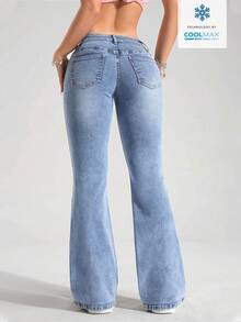SHEIN PETITE Quần jeans nữ cạp thấp ống loe dáng suông, đa năng, thích hợp cho việc đi làm. - Rửa nhẹ - Xem 2