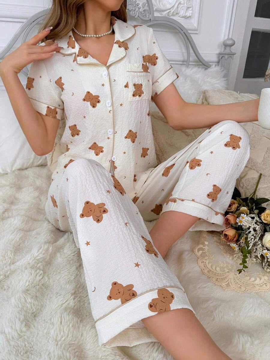 Bear Printed Colorblock Pajama Set With Contrast Trimmed Lapel Collar - Beige - View 1