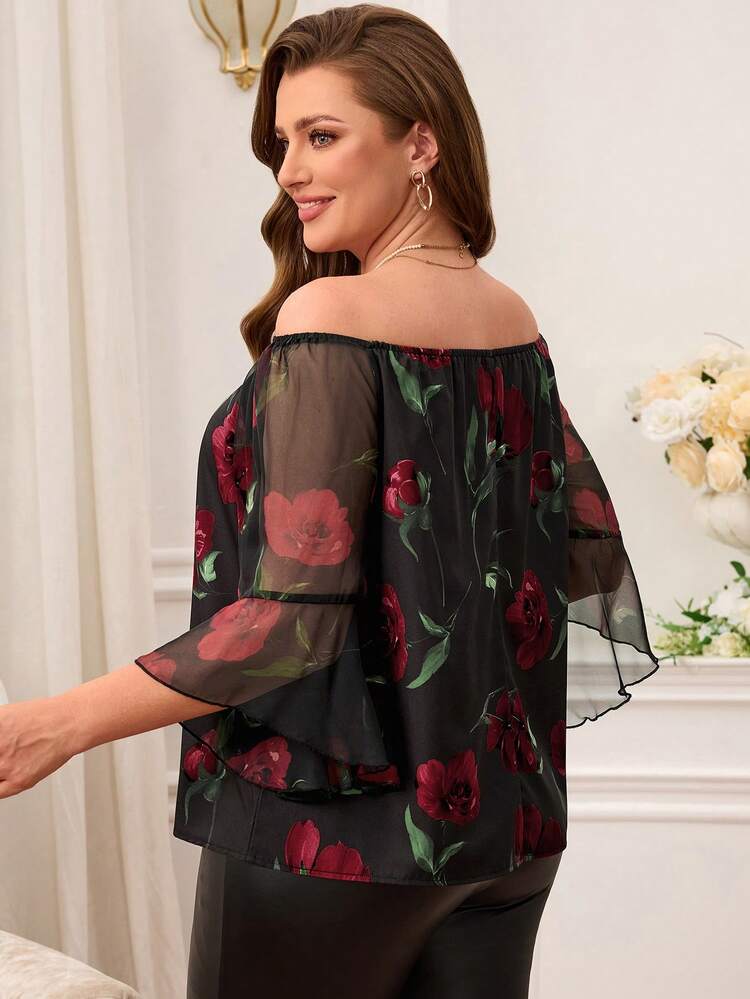 Plus Size Women's Summer Casual Vacation Floral Print Ruffle Sleeve Off Shoulder Blouse, Early Spring/Valentine's Day, Spring Break,Vacation,Holiday,Spring,Going Out,2026 New,Simple And Fashionable For Everyday Wear