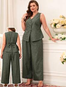 Miaspire Conjunto de 2 peças com colete e calça casual de verão com botões na frente, Plus Size - Verde Escuro - Visão 4