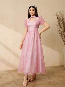 少女粉色薄纱短袖连衣裙