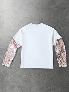 ROMWE MEN 男士休闲时尚街头植物人物印花二合一T恤，春秋季 - 白色 - 查看 3