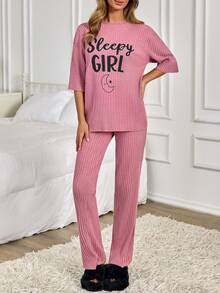 EURMUSE Sleepy Girl Ribbed Short Sleeve Lounge Set – Moon & Cozy Vibes In Blush Pink - Pink - View 4