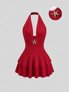 Sweetra Vestido de vacaciones mini con escote en V profundo, decoración de estrella de mar y dobladillo con volantes en la cintura baja para mujer, color rojo - Rojo - Ver 1