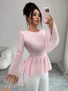 Selianne French Romantic Sweet Pink Round Neck Cinched Waist Flare Sleeve Chiffon Blouse - Baby Pink - View 3