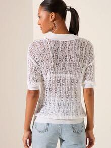 Lilora Casual White Knitwear Polo Sweater For Women Sheer Short Sleeve Regular Length Drop Shoulder Style - White - View 3