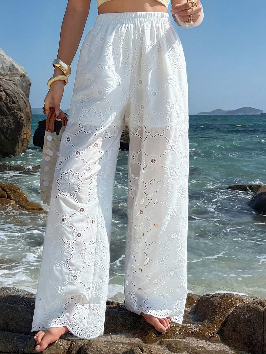 Livesso 女士弹力腰带烧花刺绣休闲百搭通勤阔腿裤 - 白色 - 查看 1