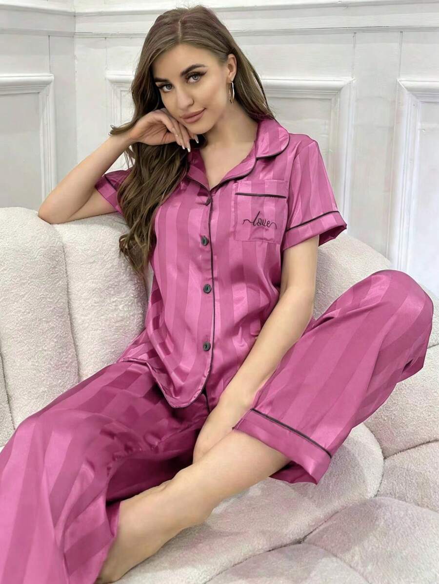 CoupledUp Faux Silk Striped Jacquard Contrast Trim Collar Pajama Set - Hot Pink - View 1