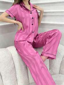 CoupledUp Faux Silk Striped Jacquard Contrast Trim Collar Pajama Set - Hot Pink - View 4
