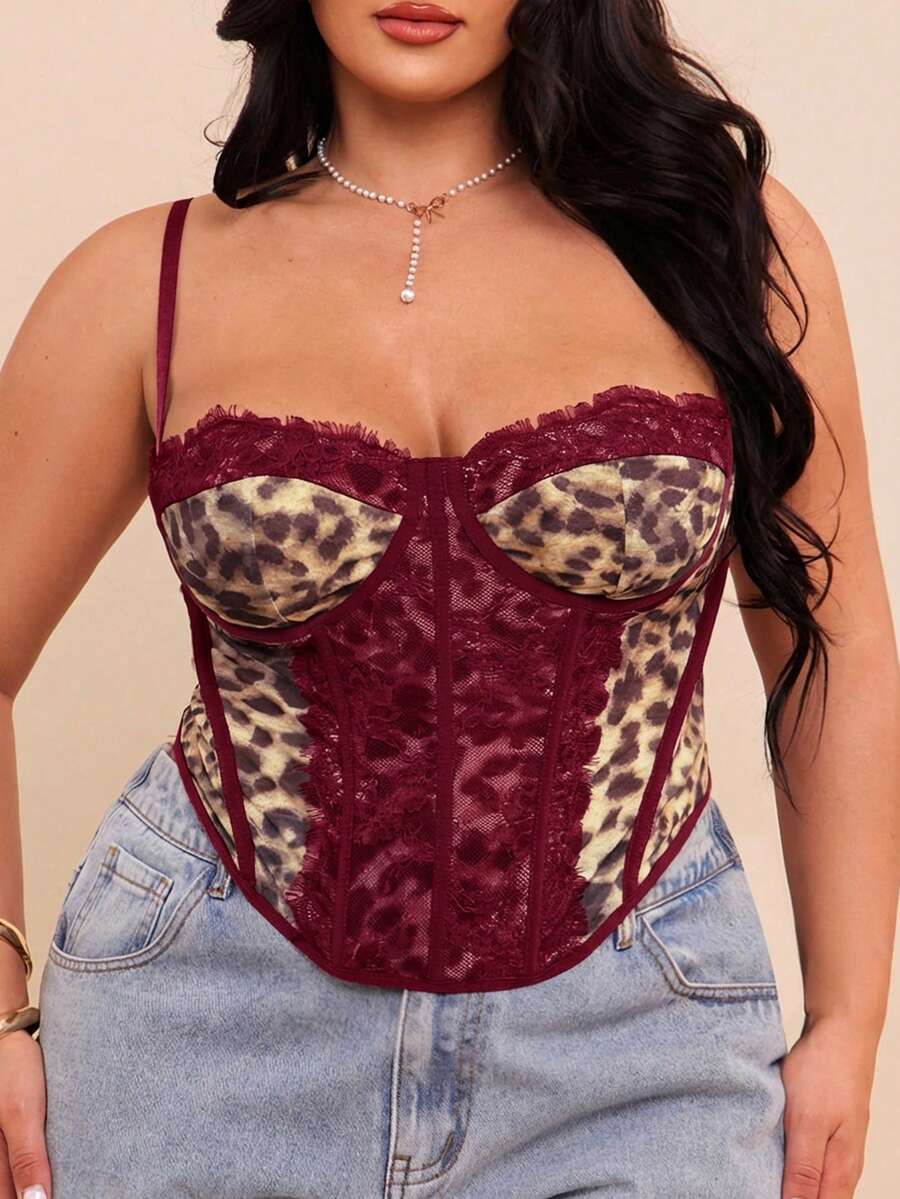 SHEIN BAE 大码女式豹纹蕾丝拼接吊带背心 - 酒紅色 - 查看 1