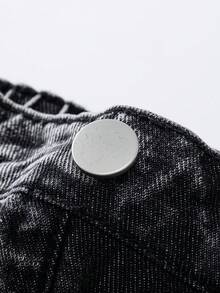 SHEIN 少女复古做旧时尚个性前片开衩漂白喇叭牛仔裤，饰有3D蝴蝶结，百搭休闲蓝色牛仔裤，四季皆宜 - 深灰色 - 查看 5