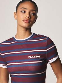 Missguided x Playboy Women Striped Short Sleeve Crew Neck Tee With Contrast Trim Detail Casual T-Shirt For Spring Summer - Multicolor - View 4