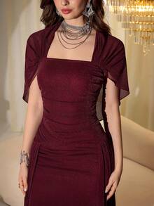 Modelyn Elegant Mesh & Shiny Yarn Strapless Shawl Sleeve Fitted Long Dress For Women, Spring/Autumn - Burgundy - View 1