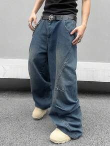 Manfinity EMRG Jeans de mezclilla casuales y holgados con bolsillo para hombres - Azul lavado medio - Ver 4