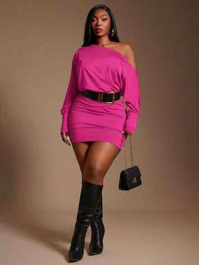 Radiana This Fuchsia Casual Off-Shoulder Asymmetrical Mini Dress Is Plus-Size And Versatile, Suitable For Everyday Wear, Dates, Afternoon Tea, Gatherings With Friends, And Various Other Occasions. It Can Also Be Worn As An Evening Gown, Autumn/Winter Outfit, Autumn Wedding Guest Top, Elegant And Sophisticated Top, Formal Occasion, Y2K Style, Birthday Party, Or Outing. Plus-Size, Basic Style. One Shoulder Dress Curve