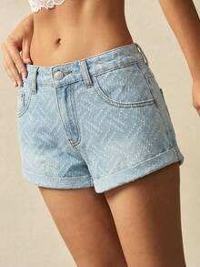 Bohemela 女士休闲日常通勤低腰水洗纹理面料卷边牛仔短裤，夏季 - 淺色水洗藍 - 查看 4