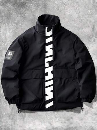 Aesthetic Post Chaqueta casual para hombres de talla grande, cuello alto, gran estampado gráfico, diseño deportivo, versátil, adecuado para parejas jóvenes, vintage, vacaciones, "Amo a mi novio", talla grande