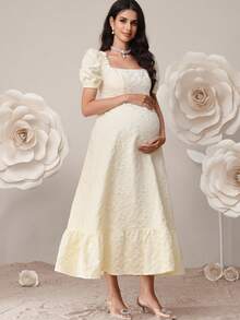 SHEIN Đầm bầu họa tiết hoa jacquard cổ vuông tay phồng thanh lịch - Màu be - Xem 1