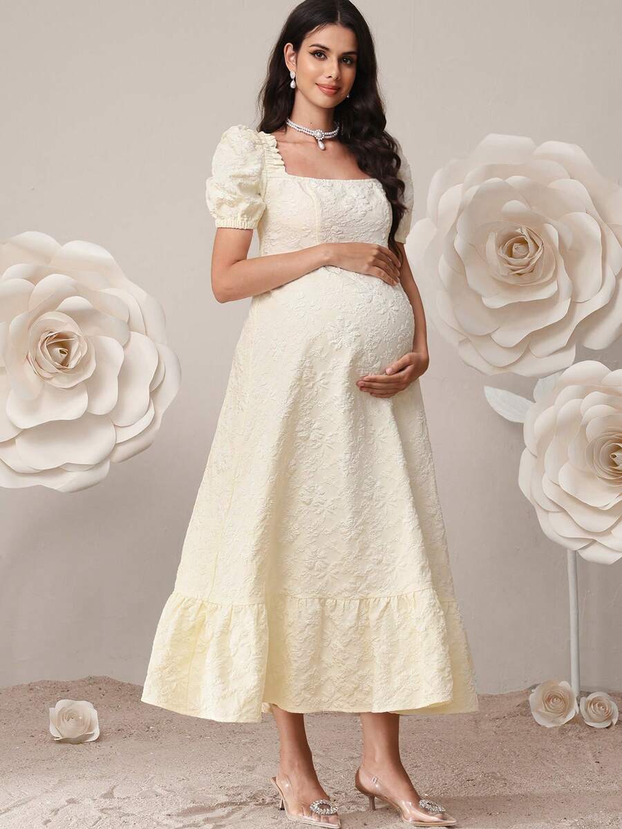 SHEIN Đầm bầu họa tiết hoa jacquard cổ vuông tay phồng thanh lịch - Màu be - Xem 1