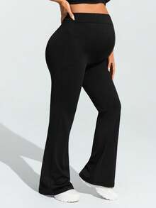 SHEIN Maternity Solid Color Adjustable Waistband Pocket Casual Flare Pants Maternity Pants Flared Leggings For Women Pregnancy Pants Bell Bottom Pants Maternity Clothes - Black - View 7
