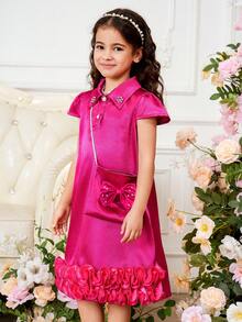 1 pieza Vestido de línea A con mangas de volantes, cuello de satén, abertura delantera, decoración de strass y perlas, bolso bandolera a juego con lazo, volantes en el bajo, vestido elegante y versátil de estilo retro para niñas en verano - Morado - Ver 7