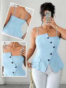 Elenzga Plus Size Elegant Baby Blue Top Women,Summer Office Commute Fashionable Asymmetric Waist Cinched Camisole With Adjustable Straps,A-Line Hem Slit Top - Baby Blue - View 1