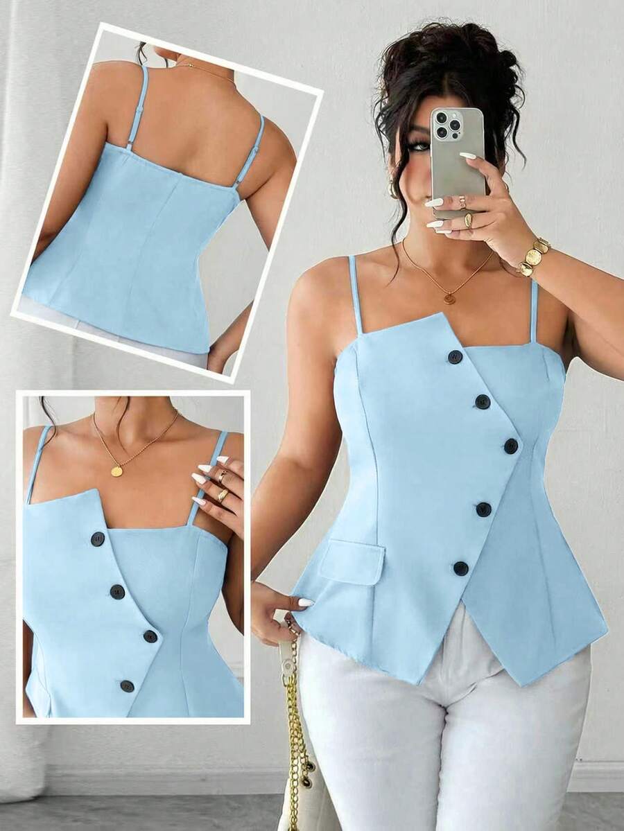 Elenzga Plus Size Elegant Baby Blue Top Women,Summer Office Commute Fashionable Asymmetric Waist Cinched Camisole With Adjustable Straps,A-Line Hem Slit Top - Baby Blue - View 1