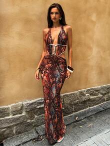 SHEIN BAE 女士性感露背蛇纹印花系带长裙，海滩度假风 - 棕色 - 查看 7