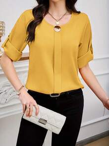 SHEIN Clasi 女士圆领纯色插肩袖休闲优雅衬衫 - 鵝黃色 - 查看 5