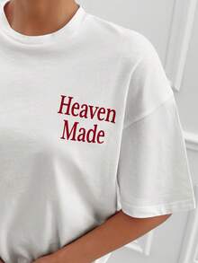 Cloudara Short Sleeve T-Shirt With "Heaven Made" Front Lettering And Angel Wings Back Hotfix Rhinestone - White - View 5
