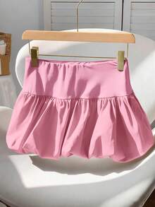 SHEIN EZwear 女士纯色高腰时尚泡泡裙，适合度假穿着 - 粉色 - 查看 7