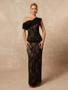 Lumalex 2025新款夏季海滩度假复活节波西米亚风沙滩户外婚礼季派对成人仪式返校派对优雅安哥拉红色网纱单肩褶皱装饰修身包臀长裙女装 - 黑色 - 查看 3