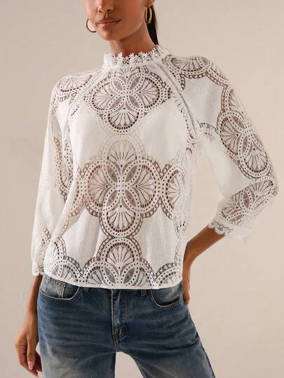 Lilora Women's Stand Collar Lace Patchwork Hollow Out Casual Versatile Commuting Long Sleeve Top Lace Jersey White Lace Top Lace Blouse Eyelet Blouse Lace Shirts Elegant And Sophisticated New Styles, Suitable For Outings, Commuting, Everyday Casual Wear, Parties, Dates, Gatherings, Outings, Holidays, Vacations, And Holiday Travel.