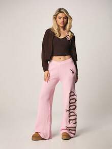 Missguided x Playboy 粉色针织阔腿高腰阔腿裤，饰有兔子标志和哥特式文字细节 - 粉色 - 查看 3