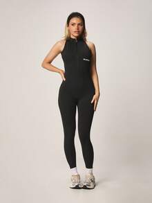 Missguided x Playboy Women High Neck Zipper Halter Active Jumpsuit With Cutout Back And Fitted Leggings For Gym Training - Black - View 1
