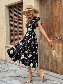 Breezaya Đầm midi kiểu quấn in hoa dành cho nữ, trang phục maxi cho nữ. - màu đen - Xem 4