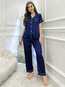 CoupledUp 仿丝绸条纹提花撞色滚边领睡衣套装 - 藍色 - 查看 6