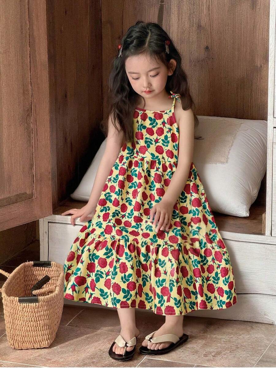 Elladie kids Genkimix Girls Elegant Floral Print Bow Decor Spaghetti Strap Mid-Calf Dress, Comfortable & Fashionable For Summer - Yellow - View 1